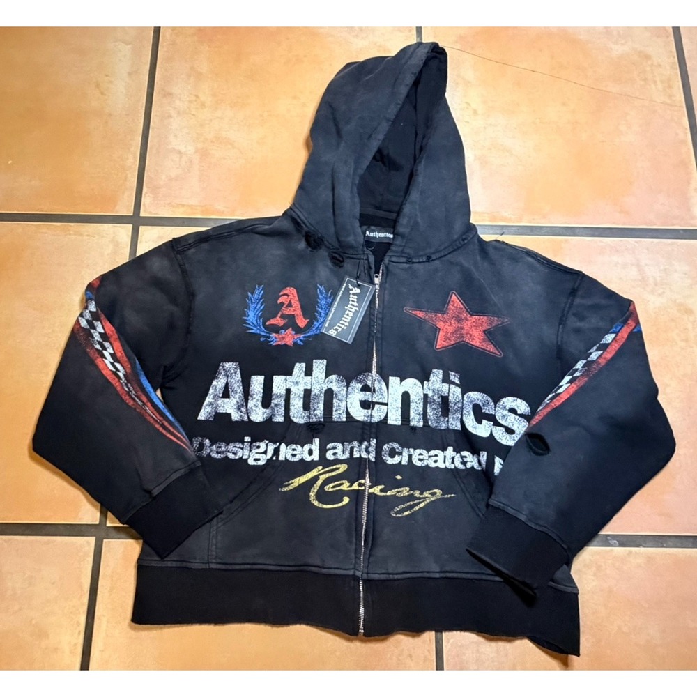 NWT Authentics Clothing Motorsports Distressed Hoodie Black Large Fresh Society
